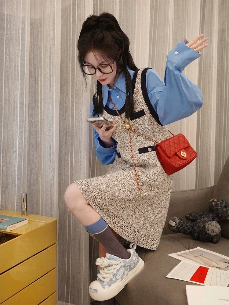 Dopamine autumn wear sweet shirt top small fragrance vest dress two-piece suit female lively age reduction