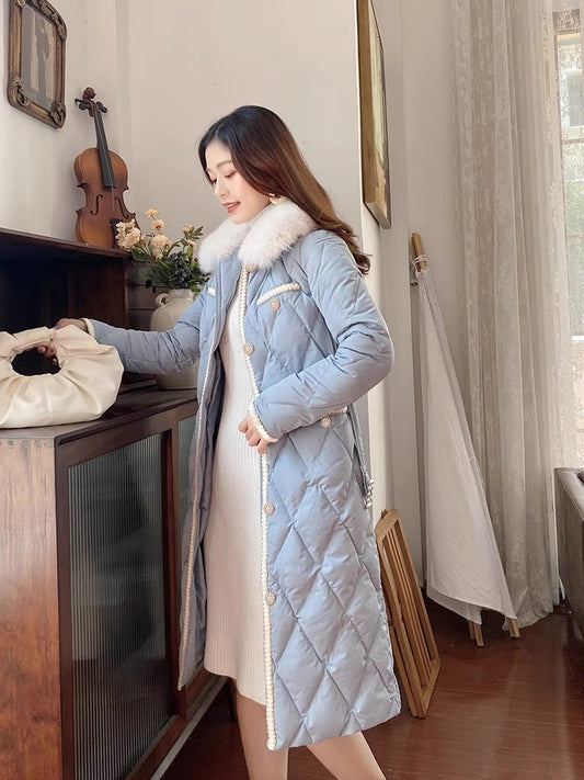 Nori Gentle Wind Down Cotton Jacket for Women Winter Retro Small Fragrance Style Real Fox Fur Collar Waist Mid-Length Cotton Jacket