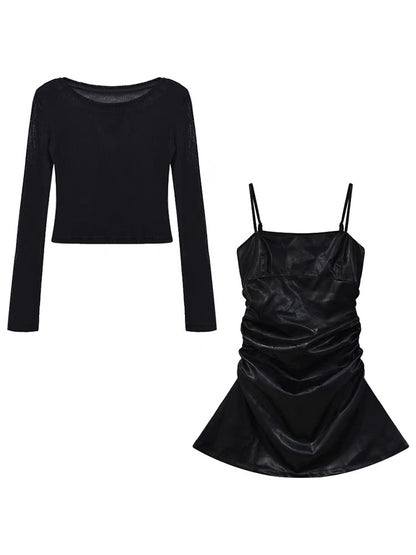 Long-sleeved top, slim tube top suspender dress, 2023 European hot-selling suit, early autumn new two-piece set for women A2251