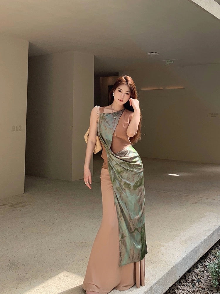 Purple floral dress women's spring new French style waist slimming v-neck puff sleeve long skirt