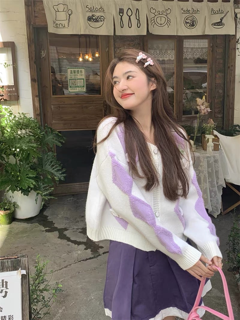 Sweet rhombus three-dimensional flower sweater jacket for women autumn 2023 new Korean style thickened loose short top trendy 🔎A2231