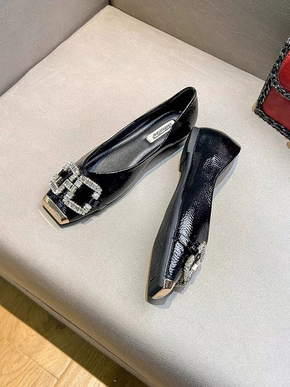 Uncle MJ rhinestone buckle square head single shoes women's new metal anti-kick fashion all-match shallow mouth soft-soled flat shoes