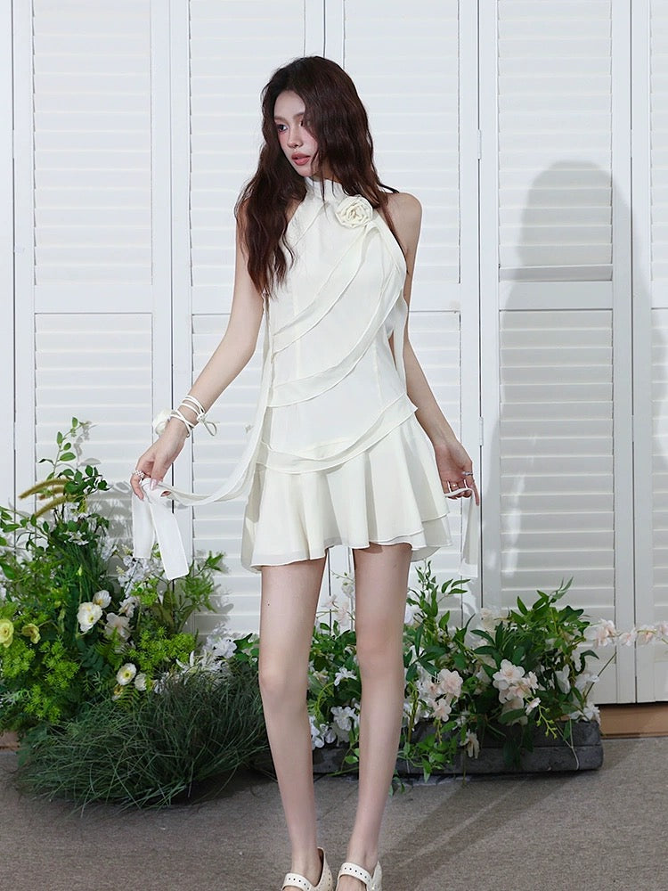 MOXI niche design advanced simple romantic rose beige ribbon summer halter neck pure desire streamer fairy dress