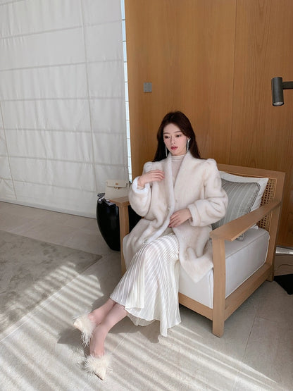 ByYou Spring Slim High Collar Wool White Knitted Waist Mid-Length Over-the-Knee Sweater Dress
