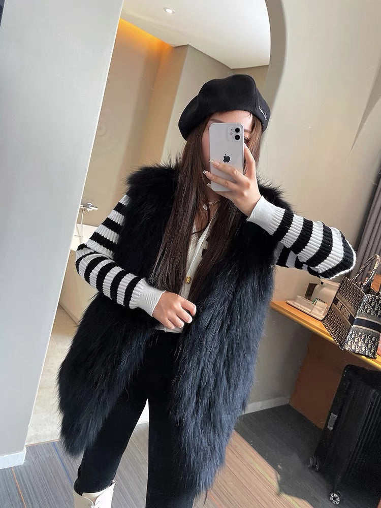 Encrypted raccoon fur double-sided woven fur vest for women mid-length 2023 autumn and winter new coat Haining young style