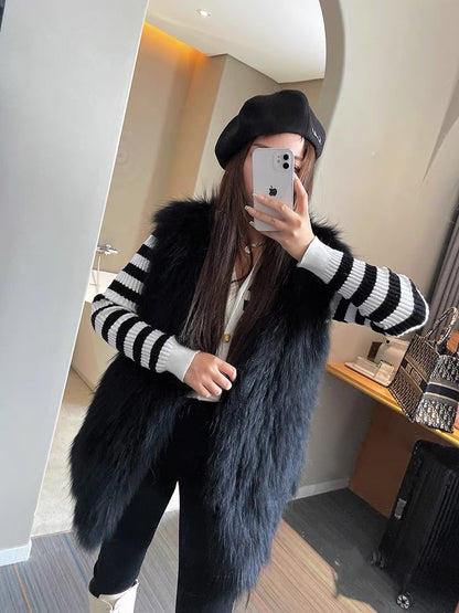Encrypted raccoon fur double-sided woven fur vest for women mid-length 2023 autumn and winter new coat Haining young style
