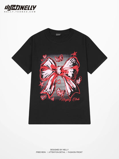 American trendy brand sweet cool bow tie t-shirt men and women short-sleeved summer 2024 hot style loose design tops ins