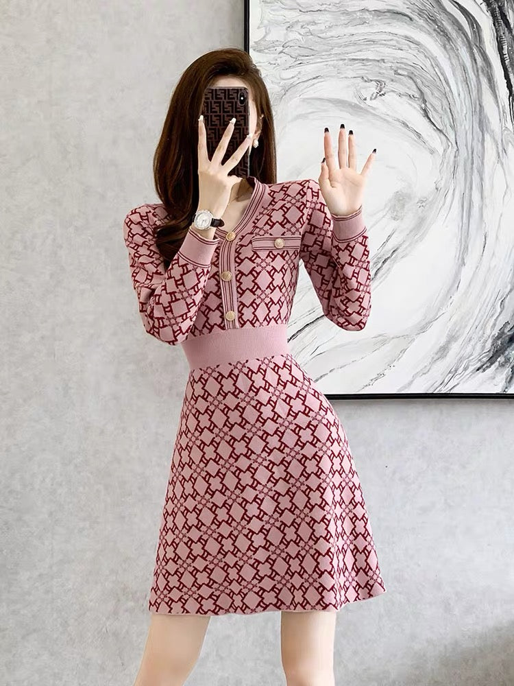 French style waist slimming pink sweater skirt 2023 new autumn and winter women's small knitted dress (V5517)
