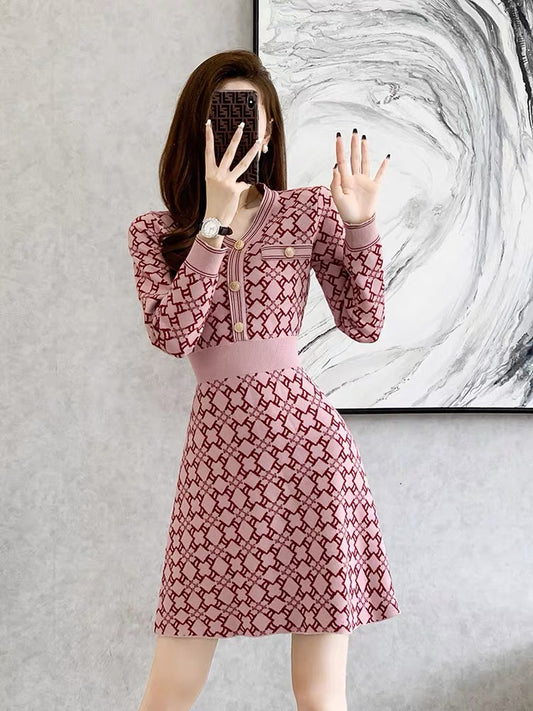 French style waist slimming pink sweater skirt 2023 new autumn and winter women's small knitted dress (V5517)