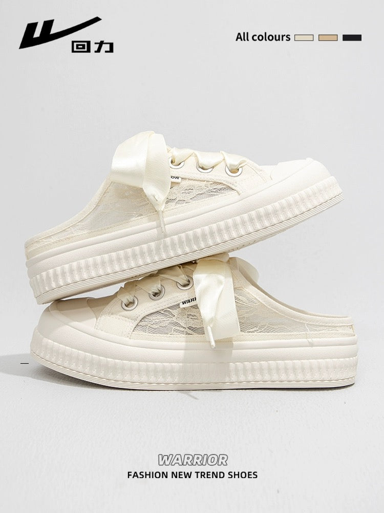 Pull back lazy one-legged Baotou half-slippers for women 2024 spring new mesh breathable canvas shoes casual sneakers