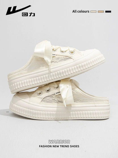 Pull back lazy one-legged Baotou half-slippers for women 2024 spring new mesh breathable canvas shoes casual sneakers