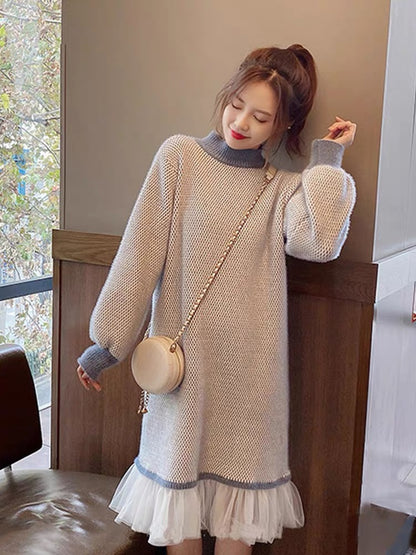 2023 autumn and winter new style spliced knitted dress for women, versatile slimming half turtleneck with coat and sweater skirt (B1412)
