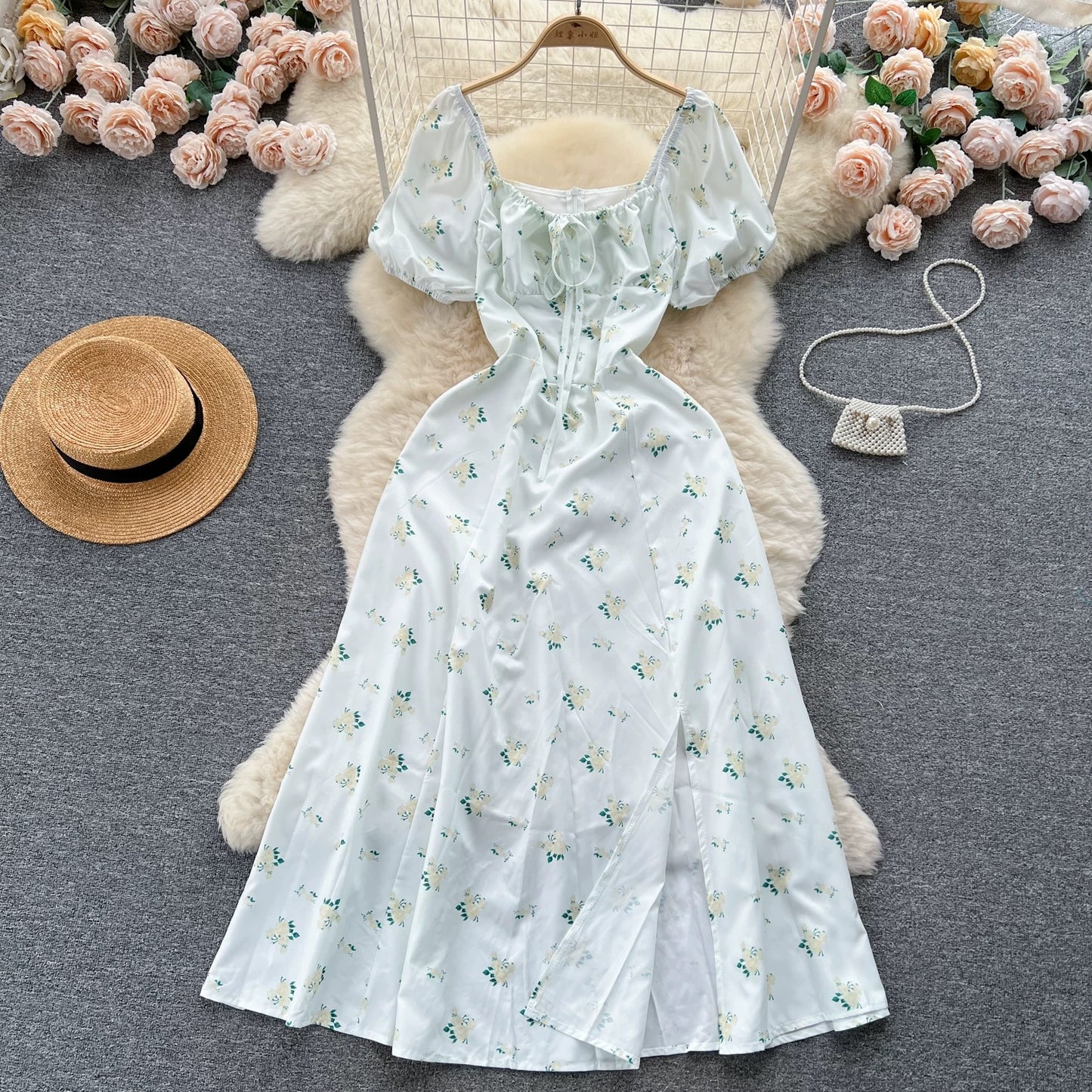 French pure desire high-grade floral puff sleeve dress for women summer slim temperament super fairy forest style slit long skirt
