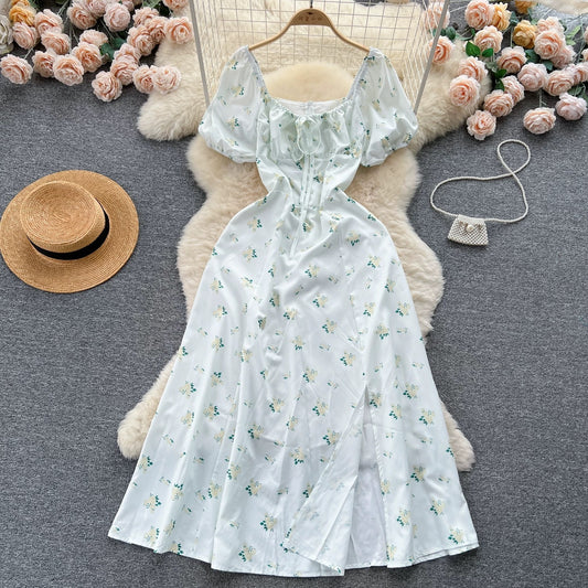 French pure desire high-grade floral puff sleeve dress for women summer slim temperament super fairy forest style slit long skirt