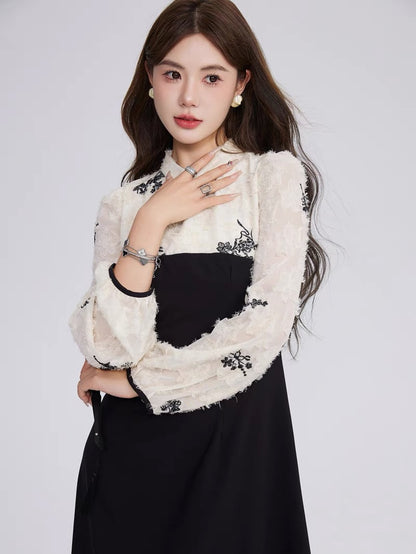 Volstagg New Chinese Style Black Dress Women's Autumn Improved Cheongsam Waist Buckle Long Skirt
