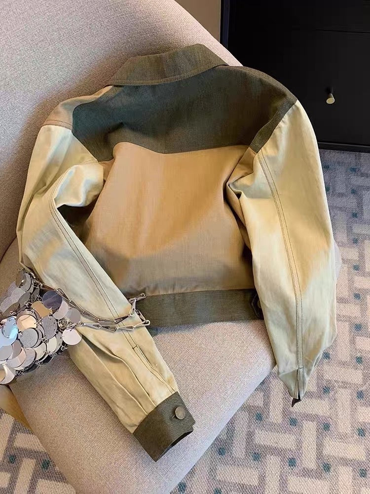 Tide brand design sense splicing contrast color lapel denim jacket men and women spring and autumn niche chic single-breasted jacket jacket