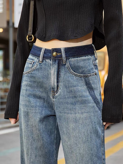 High-waisted straight-leg denim wide-leg pants for women, loose and slim 2023 autumn new style splicing design drapey floor-length pants (P134)