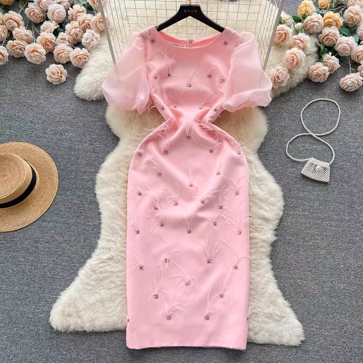 French high-end heavy industry nail diamond feather tassel round neck dress women's slim and elegant puff sleeve dress long dress (D0982)