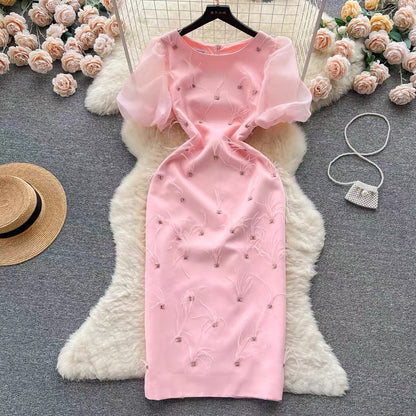 French high-end heavy industry nail diamond feather tassel round neck dress women's slim and elegant puff sleeve dress long dress (D0982)