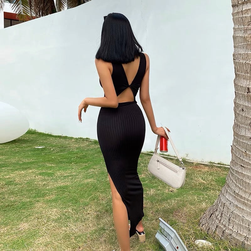 liviahome Design Reversible Sexy Backless Sleeveless Long Dress Solid Color Side Slit Dress for Women (D213)