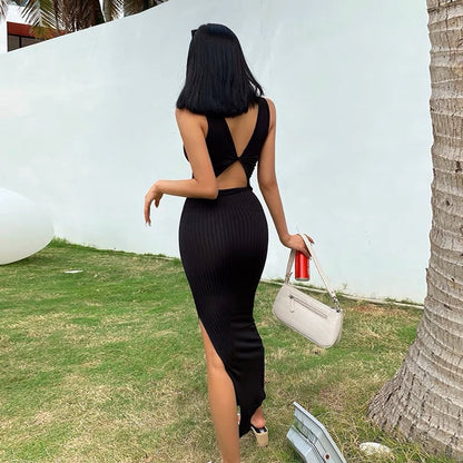 liviahome Design Reversible Sexy Backless Sleeveless Long Dress Solid Color Side Slit Dress for Women (D213)