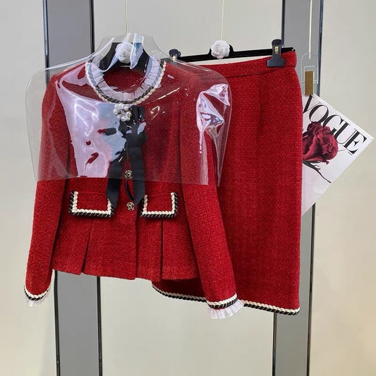Fengyi Nanyou high-end women's red small fragrance suit autumn new temperament high-end skirt two-piece set