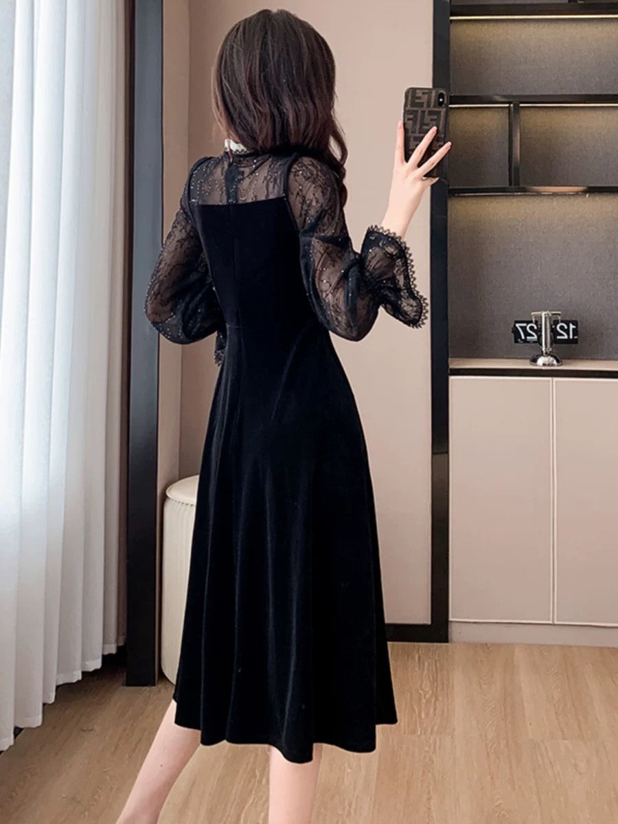 Gentle style lace mesh dress 2023 autumn new French retro mid-length waist slimming skirt