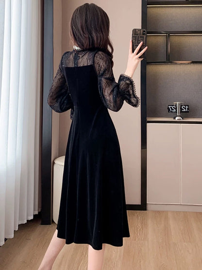 Gentle style lace mesh dress 2023 autumn new French retro mid-length waist slimming skirt