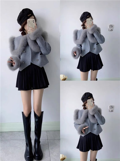 2023 new autumn and winter Xiaoguoguo imported natural fox fur coat women's double-sided woolen college short topT3462