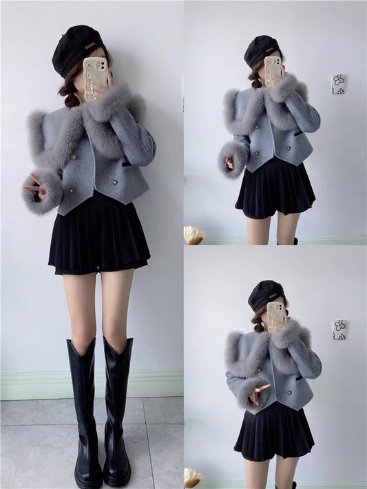 2023 new autumn and winter Xiaoguoguo imported natural fox fur coat women's double-sided woolen college short topT3462