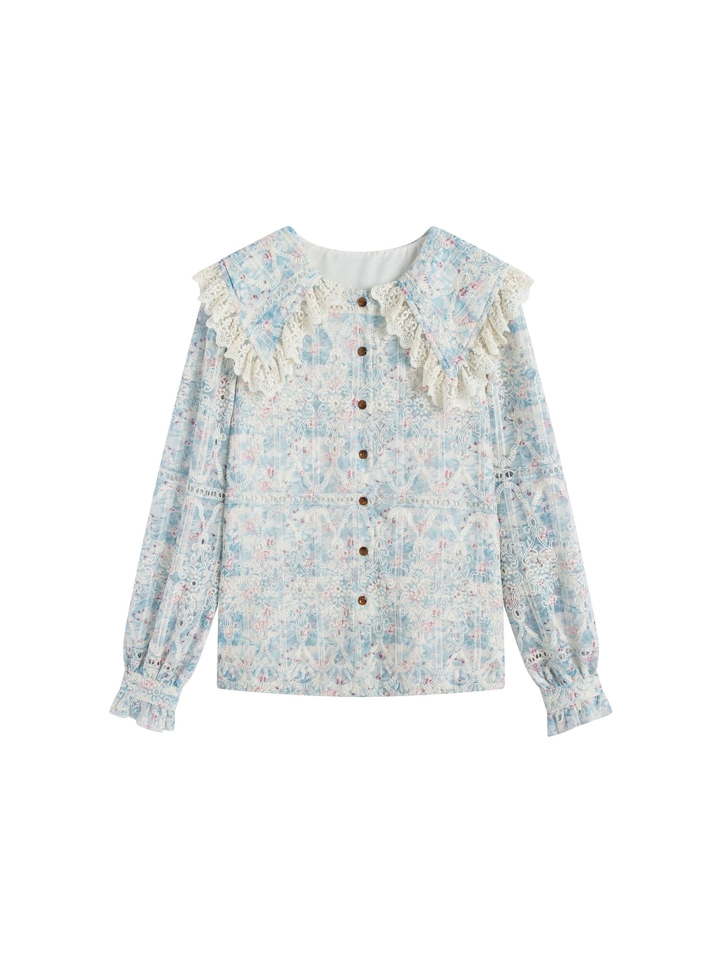 Berry's custom-made doll collar embroidered smudged shirt retro floral lantern sleeve top