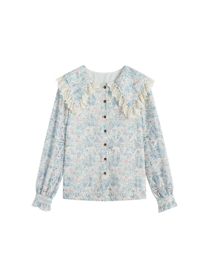 Berry's custom-made doll collar embroidered smudged shirt retro floral lantern sleeve top