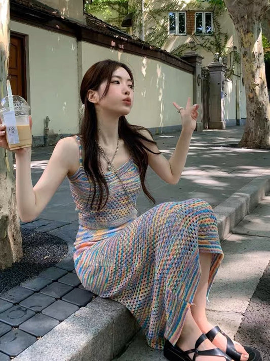 Sweet hot girl pure desire Hong Kong style rainbow striped small camisole for women to wear inside and outside French chic Hyuna style top