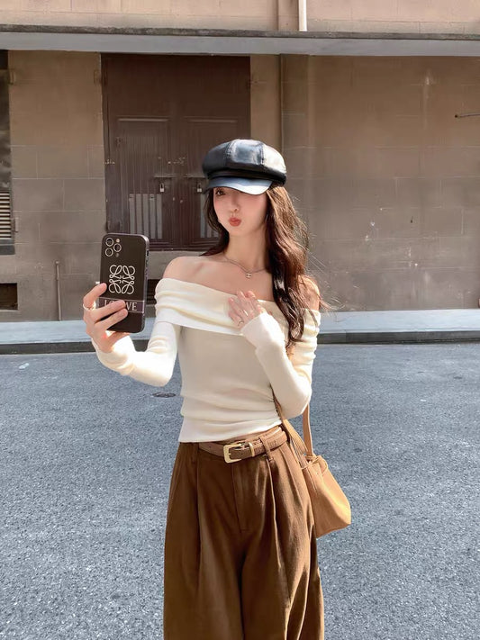 MULVAN high-end one-shoulder sweater for women 2023 new autumn and winter outer wear slim-fitting off-shoulder collarbone top