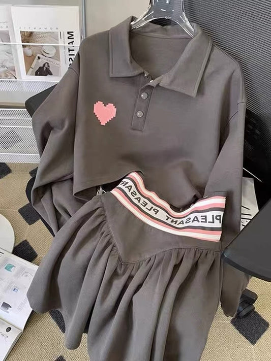 Salt fried street fashion casual sports wind suit women's autumn polo collar top waist skirt two-piece set