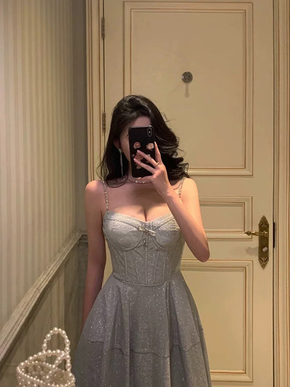 Godfrey Light Luxurious Sparkling Suspender Dress Women's 2023 New Niche Design Fishbone Waist Dress Long Skirt