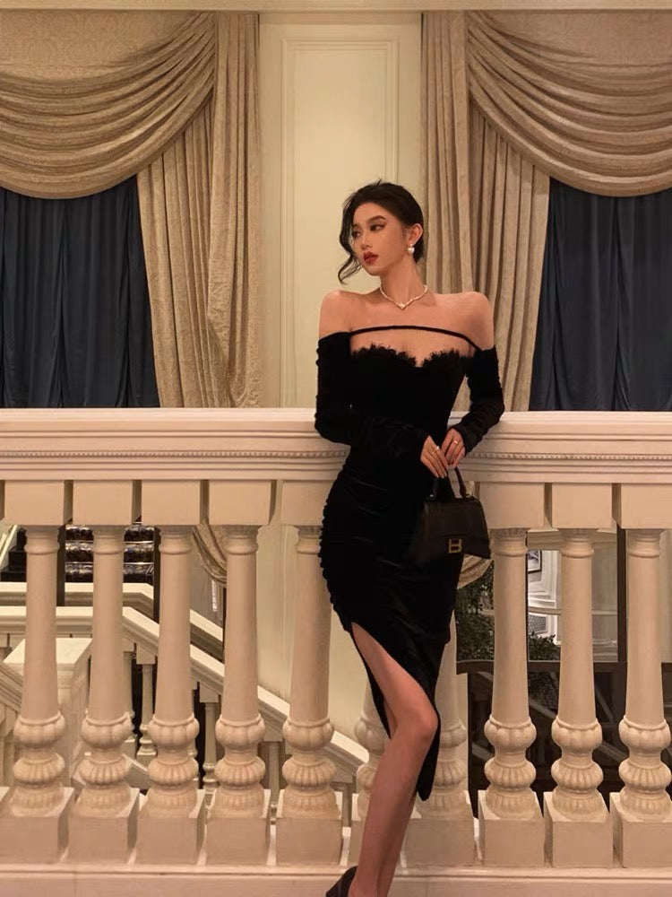 Sexy off-shoulder velvet dress for women in autumn and winter, high-end, pure lust, side-slit, slim-fitting hip little black dress