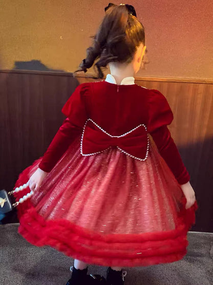 Girls Princess Dress Winter Clothes 2023 New Girls Chinese Style Velvet New Year Skirt Children's Velvet Mesh Dress