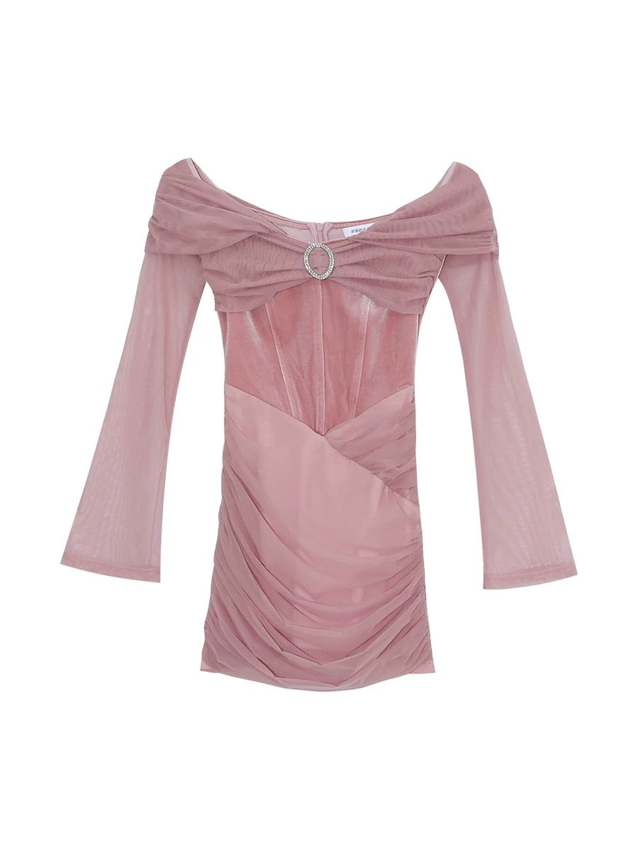 Luo Ge's Wool Roll Spring and Autumn Hot Girl Romantic Retro Sweet and Spicy Design Mesh Velvet Dress for Women