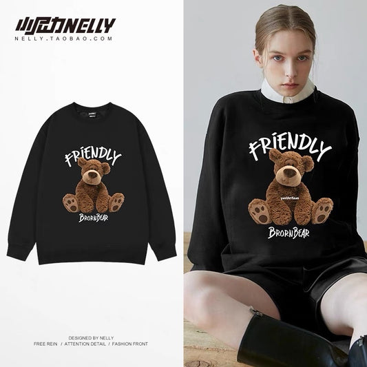 Hong Kong style ins trendy round neck sweatshirt for men bear cartoon print off shoulder pullover spring and autumn heavy long sleeve t-shirt