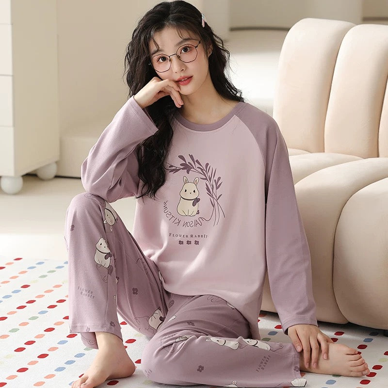 Pajamas for women Spring and Autumn 2024 new long-sleeved cotton large size summer cute autumn and winter home clothes suit