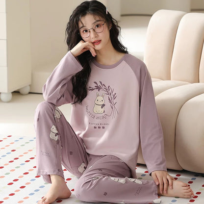 Pajamas for women Spring and Autumn 2024 new long-sleeved cotton large size summer cute autumn and winter home clothes suit