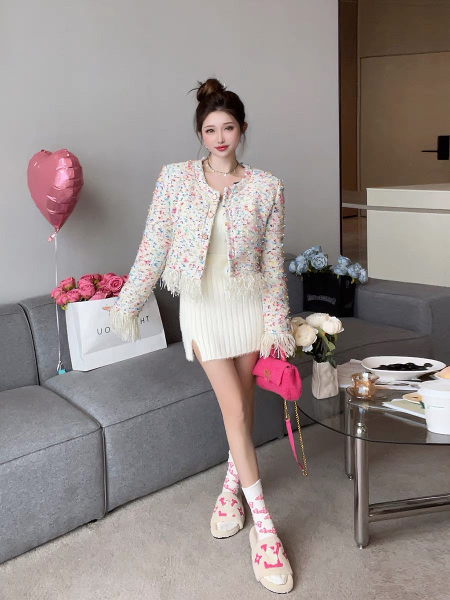 Sweater Dress Long Skirt Women's Autumn and Winter New Square Neck High Waist Hip Short Skirt Two-piece Knitted Suit Skirt (S0942)