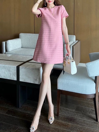 2023 new summer style high-end socialite temperament small fragrance heavy industry hot diamond short-sleeved slimming A-line dress to reduce age