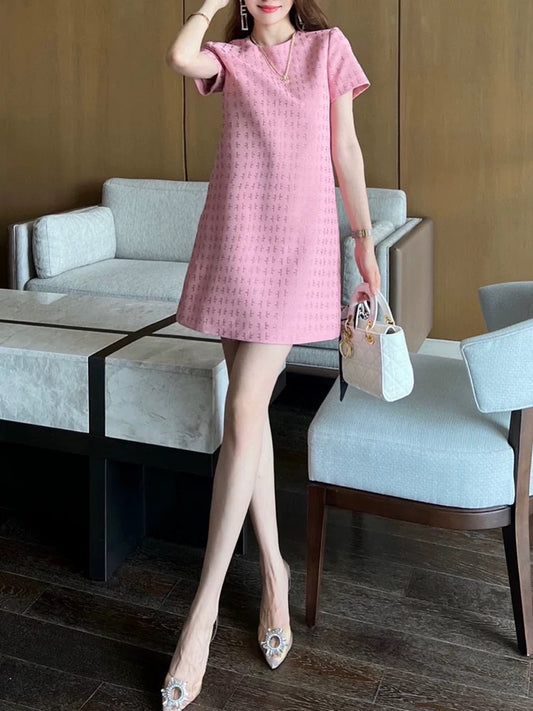 2023 new summer style high-end socialite temperament small fragrance heavy industry hot diamond short-sleeved slimming A-line dress to reduce age