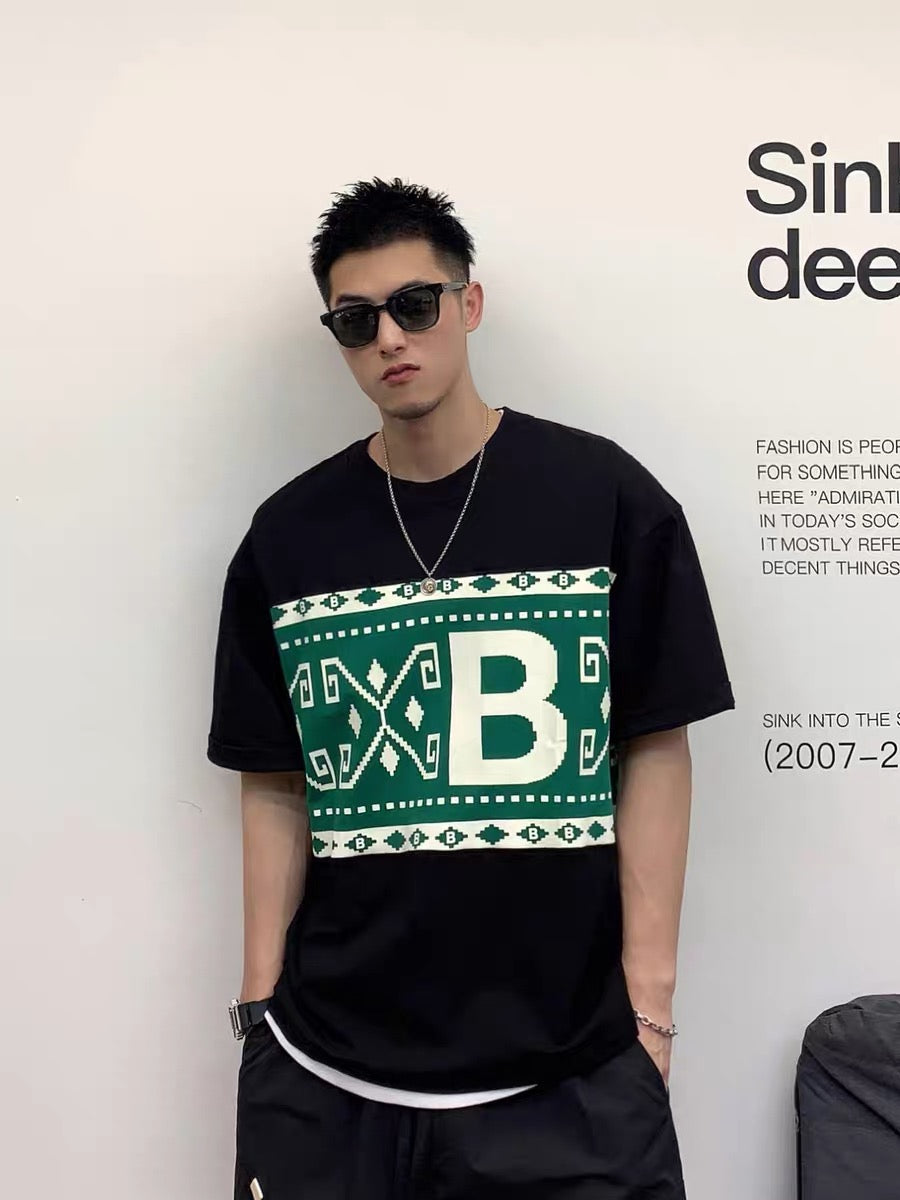 Xu Tailang contrast color Fair Isle printed short-sleeved T-shirt men's summer trendy brand plus size men's quarter-sleeved T-shirt top