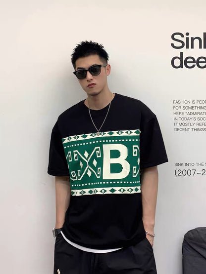 Xu Tailang contrast color Fair Isle printed short-sleeved T-shirt men's summer trendy brand plus size men's quarter-sleeved T-shirt top