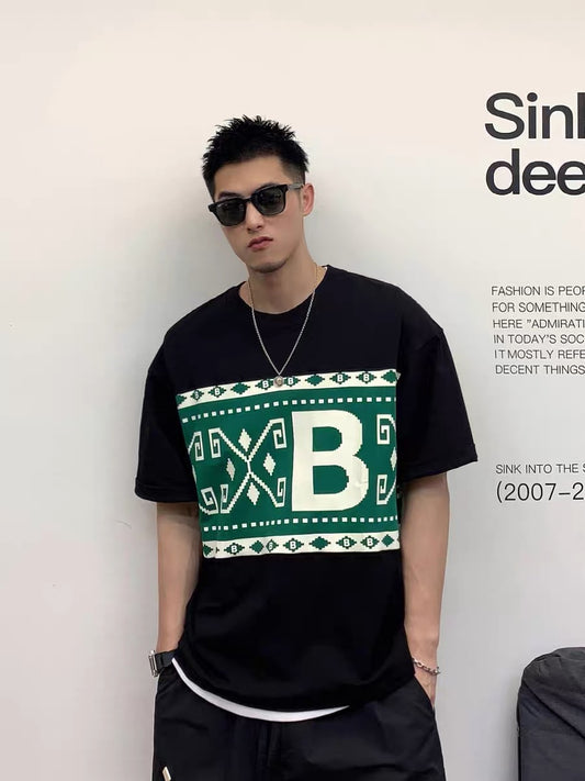 Xu Tailang contrast color Fair Isle printed short-sleeved T-shirt men's summer trendy brand plus size men's quarter-sleeved T-shirt top