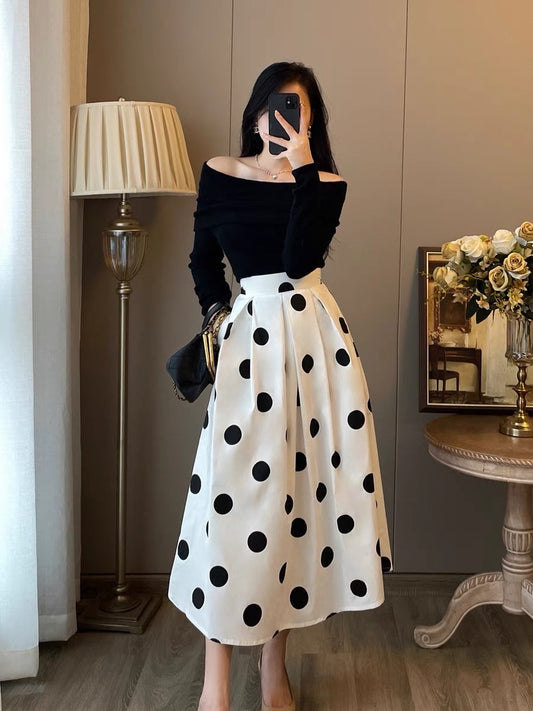 French retro Hepburn style two-piece suit female 2023 autumn new slim black one-shoulder dress female