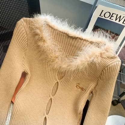 Maillard retro French fur patchwork sweater for women autumn and winter new style pure lust style slim long-sleeved sweater top